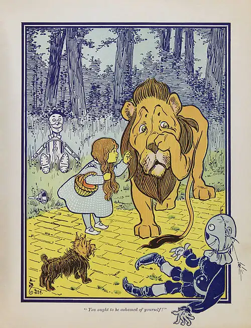 Image 14 The Wonderful Wizard of Oz Artist: William Wallace Denslow An illustration from the first edition of The Wonderful Wizard of Oz, depicting the scene where Dorothy meets the Cowardly Lion, the first time the four major characters of the novel come together. The book was originally published in 1900 and has since been reprinted countless times, most often under the name The Wizard of Oz, which is the name of both the 1902 Broadway musical and the extremely popular, highly acclaimed 1939 film version. Thanks in part to the film it is one of the best-known stories in American popular culture and has been widely translated. Its initial success, and the success of the popular 1902 musical Baum adapted from his story, led to his writing and having published thirteen more Oz books. More selected pictures