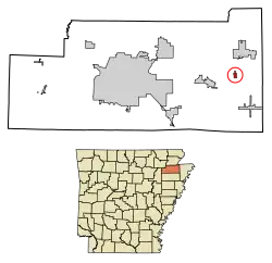 Location of Black Oak in Craighead County, Arkansas.