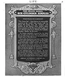 1915 Crane Model Six-Cylinder Simplex advertisement in Life