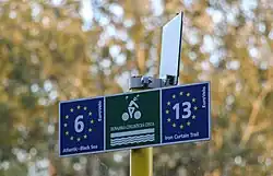 Crossroad of EV6 and EV13 (Iron Curtain Trail) in Bratislava, Slovakia.