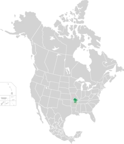 A map of North America showing second level political divisions. An area marked green in the Ozark mountains extending into both Arkansas and Missouri indicates the current range of the Ozark hellbender