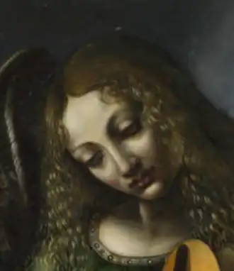 Painting. Head of a figure with bowed face and long blond hair