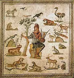 The Thracian musician Orpheus surrounded by animals. Ancient Roman floor mosaic from Sicily.