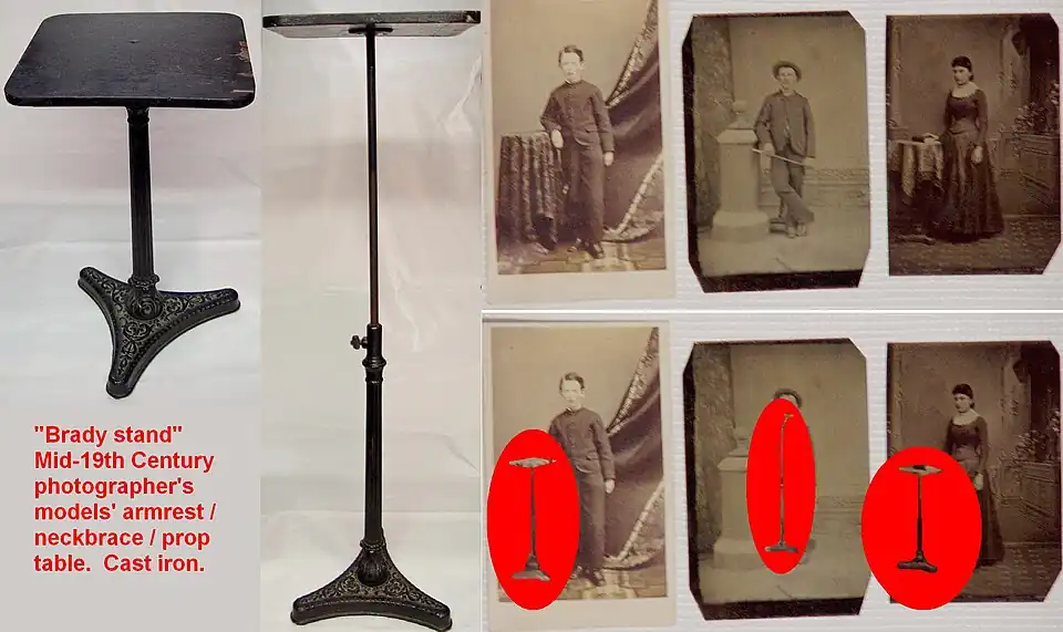 A mid-19th century "Brady stand" armrest table, used to help subjects keep still during long exposures. It was named for famous US photographer Mathew Brady.