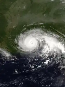 A view of Hurricane Danny from Space on July 19, 1997. Danny is at its peak intensity, and is approaching landfall along the U.S. Gulf Coast. The Florida peninsula is seen on the eastern side of the image.
