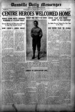 A newspaper front page with a headline reading "Centre heroes welcomed home"