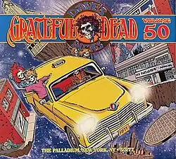 Skeleton deadheads in a taxi flying over New York City