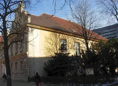 The former monastery building with its rebuilt façade.