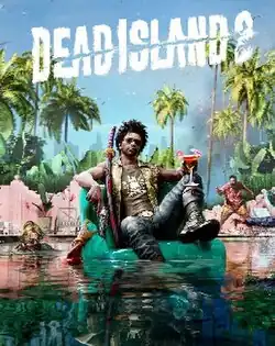 A man with a katana next to him sits on a floatie in a pool, with zombies around