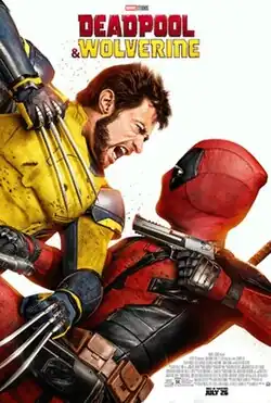 Wolverine, in a yellow costume with metal claws, fights Deadpool who has a red costume and guns.
