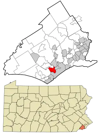 Location in Delaware County and the state of Pennsylvania.