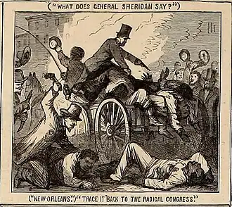 Detail of Andy's Trip, depicting the massacre and verbal exchanges between the president and the crowds during Johnson's Swing Around the Circle tour (Harper's Weekly, October 22 1866)
