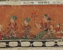 Miniature of Jitamitra Malla (left) from a Paubha dated 1670; sitting behind him are his brother Ugra Malla, his stepmother Annapurna and his half-sister Nandini.[7]