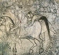 A painting of a wounded man on horseback being taken away from the battlefield