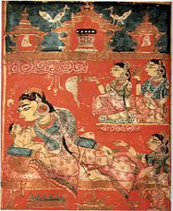 Detail of a leaf with, The Birth of Mahavira (the 24th Jain Tirthankara), from the Kalpa Sutra, c. 1375–1400.