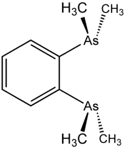 Stereo, Kekulé, skeletal formula of 1,2-bis(dimethylarsino)benzene with some implicit hydrogens shown