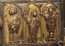 Lower right-hand panel, with an abbess and two clerics or saints, possibly the three Irish patron saints, Columba, St Brigid and St Patrick.[23]