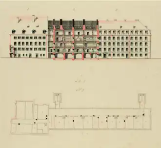 Looking inside the palace: plan and facade (1801)