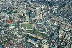 An aerial view of the former stadium before it was replaced by the park (August 2005)