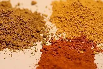Three shades of ochre; naturally occurring ochre is often a mix of minerals