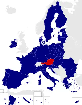 Map of the European Parliament constituencies with Austria highlighted in red