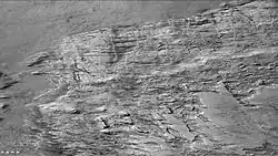 Wide CTX view of part of layered mound. Parts of this mound are enlarged in HiRISE images that follow.