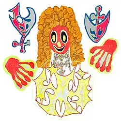 A painting of a medieval figure with knight-esque figures next to it and red hands with yellow outlines