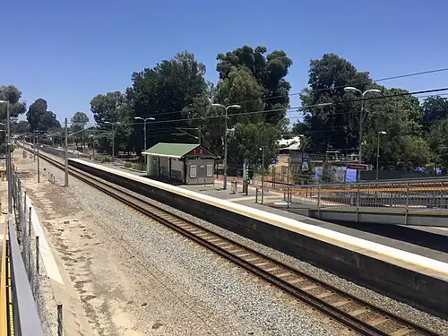 The station viewed from the pedestrian overpass facing westwards