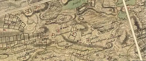 Map of the Easterhouse area. Bishops, Lochend and Woodend Lochs are shown to the top and right. Easterhouse, Westerhouse, Dungeonhill, Netherhouse and Heathetyknow farms are shown. Lochwood, Provan, Blairtummock and Barlanark estates are also clearly shown. Lochwood is the site of the original bishops palace. Gartloch and Garthamlock are all named after the garden from this palace