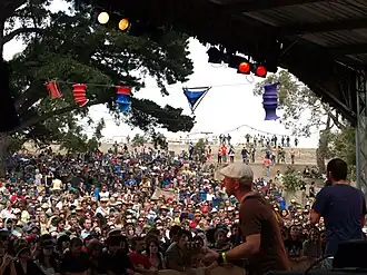 Photo is shot from behind the band looking out to the audience. Two band members are in the foreground at the right. First man (Mikey) is partly turned to his left while playing his guitar. Second man (Huntley) is shown from behind. The other band members are out of view.