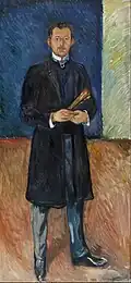 Self-Portrait with Brushes, 1904, .mw-parser-output .frac{white-space:nowrap}.mw-parser-output .frac .num,.mw-parser-output .frac .den{font-size:80%;line-height:0;vertical-align:super}.mw-parser-output .frac .den{vertical-align:sub}.mw-parser-output .sr-only{border:0;clip:rect(0,0,0,0);clip-path:polygon(0px 0px,0px 0px,0px 0px);height:1px;margin:-1px;overflow:hidden;padding:0;position:absolute;width:1px}197 cm × 91 cm (77+1⁄2 in × 35+3⁄4 in), Munch Museum, Oslo