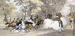 Colour picture showing Oxford firing a pistol at Victoria