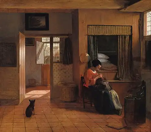 A Mother's Duty by Pieter de Hooch shows a woman delousing her child's hair in front of a raised box bed that can be climbed into from the chest below it.