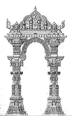 Artistic rendition of the Kirtistambha at Rudra Mahalaya Temple. The temple was destroyed by Alauddin Khalji.[266]