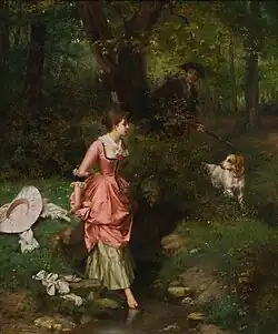 A Young Lady Crossing a Brook