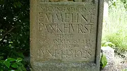 Gravestone inscription: IN LOVING MEMORY OF EMMELINE PANKHURST, WIFE OF R M PANKHURST LLD, AT REST 14 June 1928