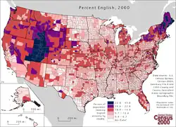 Percentages by county in the 2000 census. Dark blue and purple colours indicate a higher percentage.