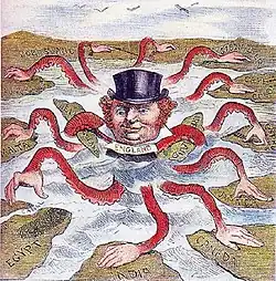 An 1888 American cartoon of John Bull as the "Imperial Octopus" with its arms in various regions