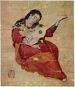 Painting from Momoyama period (1573-1615) by Hasegawa Nobukata of a European woman playing a viola de mano.