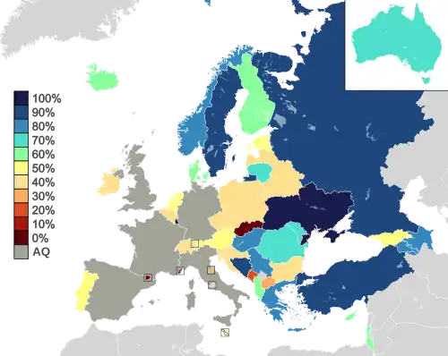 Map of countries in Europe, North Africa and Western Asia, with Australia as an insert in the top-right corner, shaded to indicate their semi-final qualification rates: countries with high rates are shown in shades of blue, while countries with low rates are shown in shades of red and orange