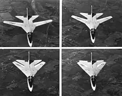 Black and white, four-photo series showing the sequence of a F-111A sweeping its wing for supersonic flight