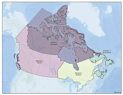 Map showing the operating regions of the Canadian Coast Guard (left to right): Western region (BC, Alberta, Saskatchewan, Manitoba, Yukon minus the Yukon North Slope), Arctic region (Yukon, Northwest Territories, Nunavut, Hudson Bay and James Bay), Central region (Ontario and Quebec) and Atlantic region (Newfoundland and Labrador, Nova Scotia, New Brunswick and Prince Edward Island).