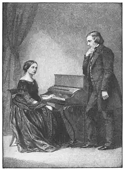 Drawing of a woman sitting at an upright piano and a man standing in front of the instrument, looking at her, with his right hand at his chin