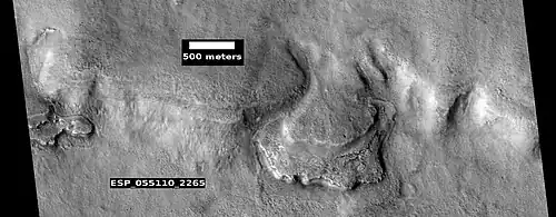 Fan This fan is formed on the edge of a crater. Dirt and rocks mixed with water, flowed down a slope and were deposited in crater. The fan has layers which means that this was done at different intervals, not all at once.