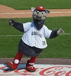 A person wearing a gray anthropomorphized furry pig costume dressed in a white baseball jersey dances on a baseball dugout.