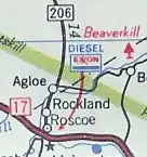 Image of a series of roads an intersections in New York State, with state routes "17" and "206," and villages or hamlets "Roscoe," "Rockland," and "Agloe."