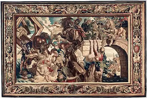 Baroque bead and reel on a tapestry showing the Triumph of Constantine over Maxentius at the Battle of the Milvian Bridge, designed by Peter Paul Rubens in 1622, produced from 1623 until 1625, wool and silk with gold and silver threads, Philadelphia Museum of Art, Philadelphia, US