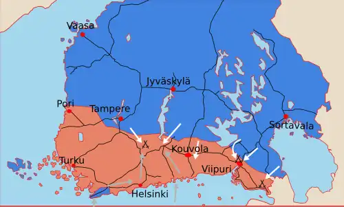 A map illustrates the final battles of the war. The Reds do not mount any more offensives, while the Imperial German Army lands from the Gulf of Finland behind the Reds and captures the capital of Helsinki. The Whites attack all along the front southwards.