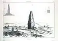 Black and white drawing of the Minar with two schematic drawings above left and above right