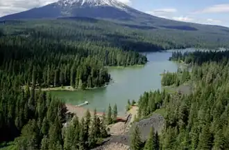 Forested land with a lake in the foreground and a snow-covered mountain in the background